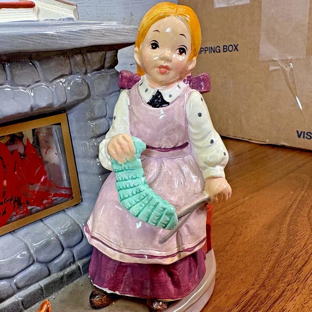 Vintage Christmas Ceramic Music Fireplace 1970's Knitting with the kitty